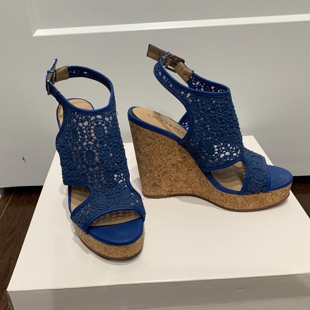 Lucky brand blue wedge sandals, size 6 1/2
